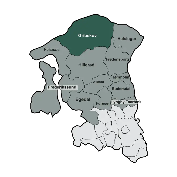 Serviceområde i Gribskov Kommune hvor vi udfører haveservice